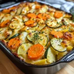 Vegetarischer Kartoffelauflauf mit Zucchini, Karotten und Zwiebeln