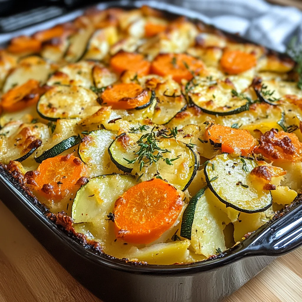 Vegetarischer Kartoffelauflauf mit Zucchini, Karotten und Zwiebeln