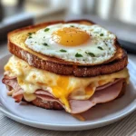 Croque Madame Sandwich mit heißem Käse, Karoschinken und Spiegelei