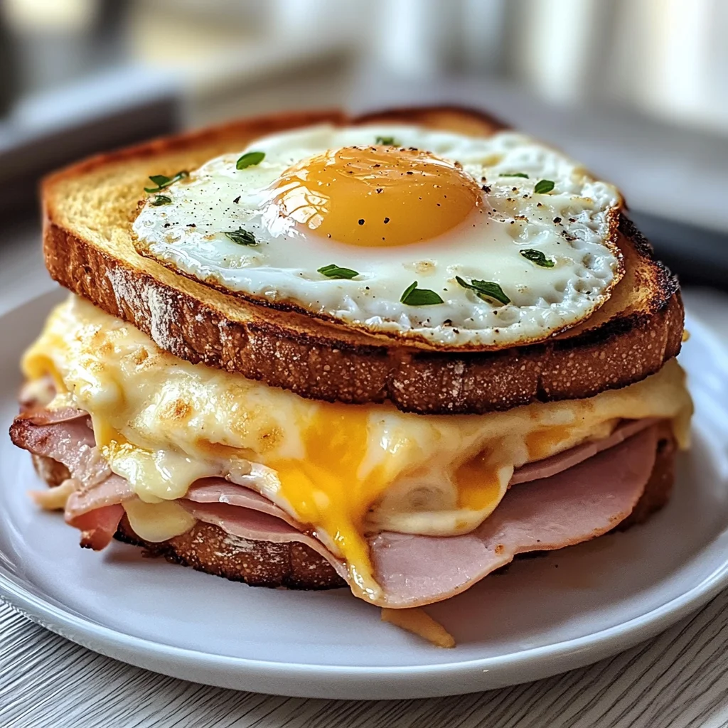 Croque Madame Sandwich mit heißem Käse, Karoschinken und Spiegelei