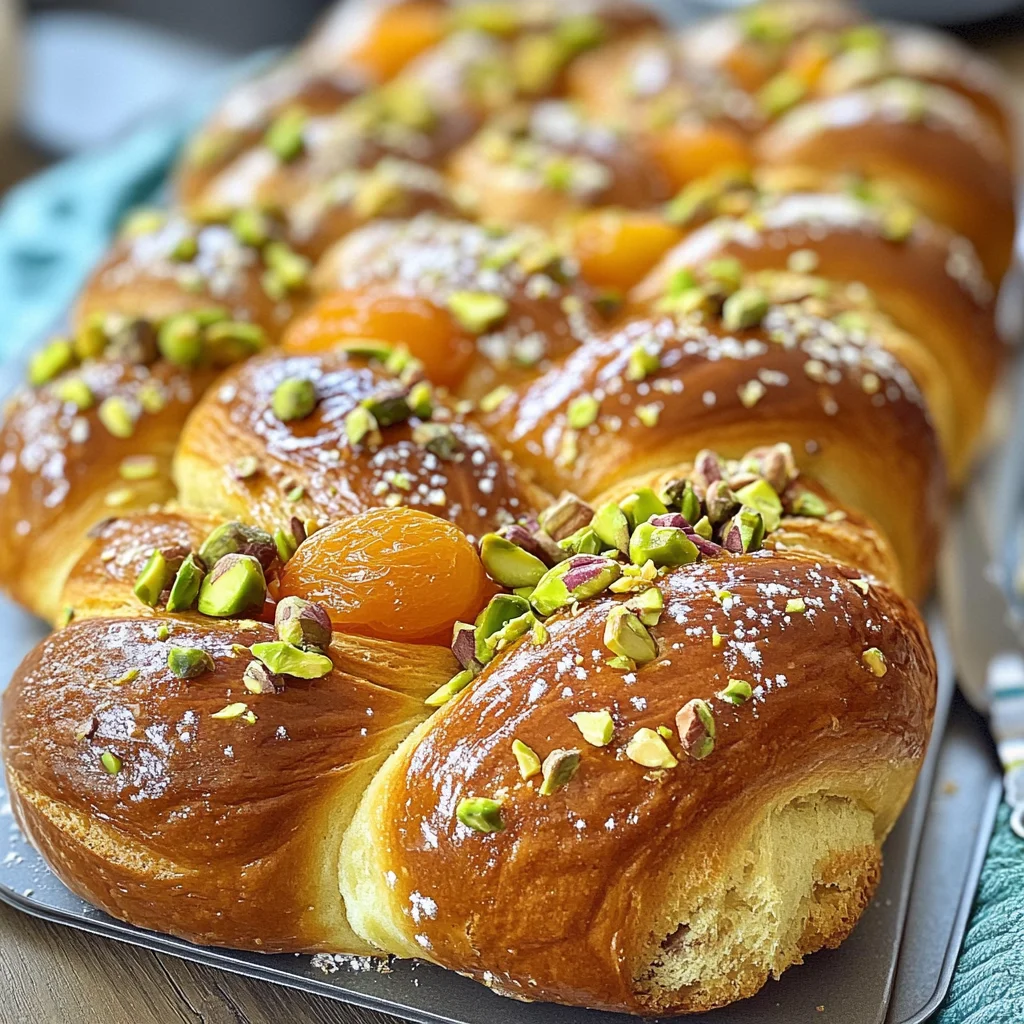 Hefezopf mit getrockneten Aprikosen, Marzipan und Pistazien
