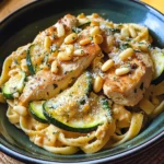 Zucchini Parmesan Pasta mit Hähnchen und Pinienkernen