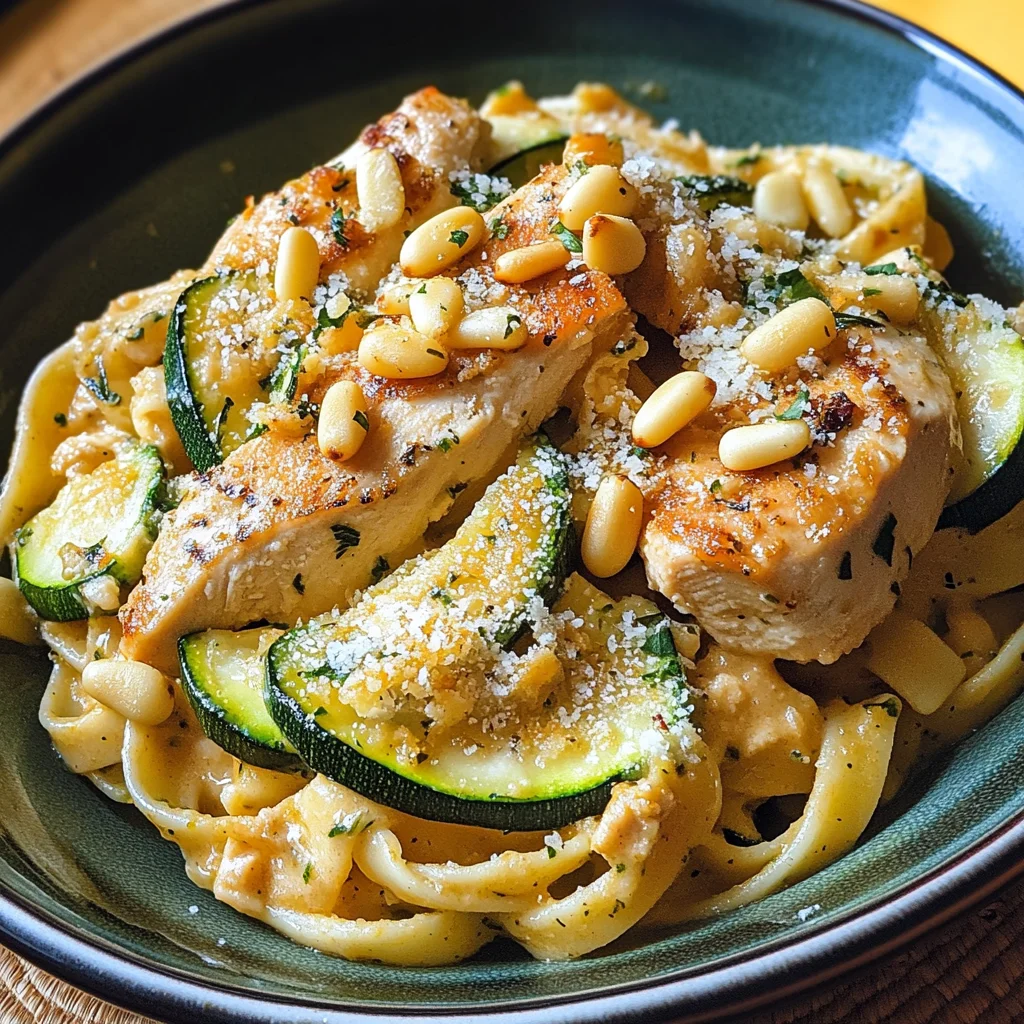 Zucchini Parmesan Pasta mit Hähnchen und Pinienkernen