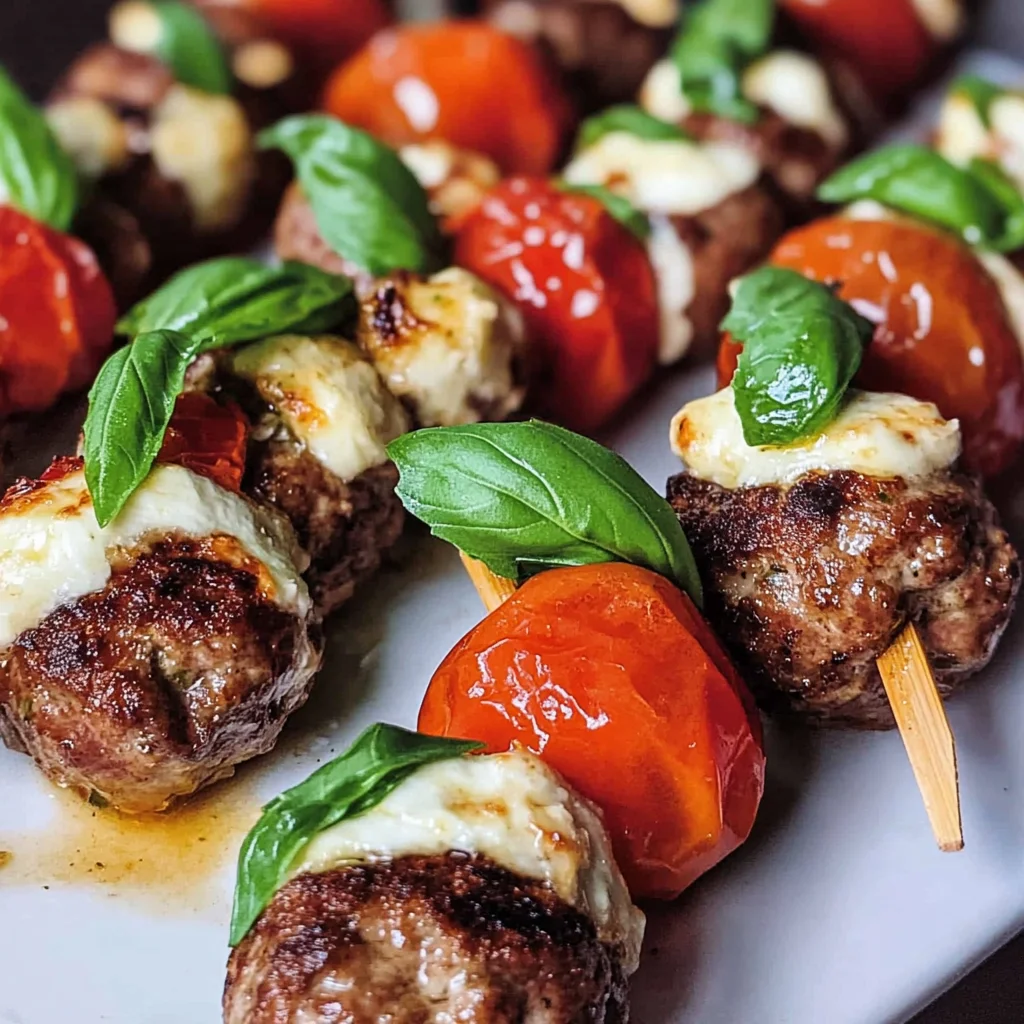 Hackbällchen Caprese - Spieße mit Mozzarella & Tomate